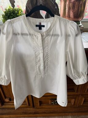 Tommy Hilfiger White Cotton Eyelet Popover Blouse